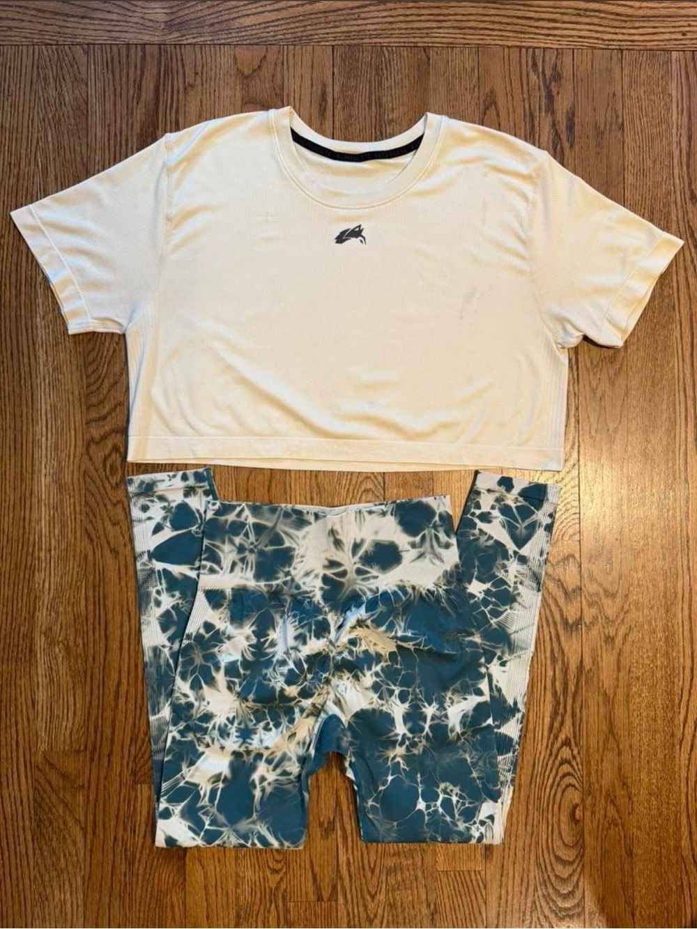 Alphalete White Cropped Tee with Blue Tie-Dye Shorts